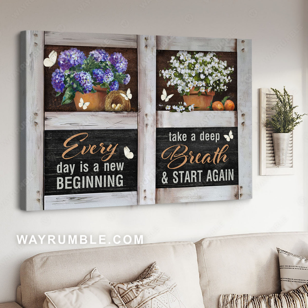 Flower pot, White butterfly, Positive quote, Every day is a new beginning - Jesus Landscape Canvas Prints, Home Decor Wall Art