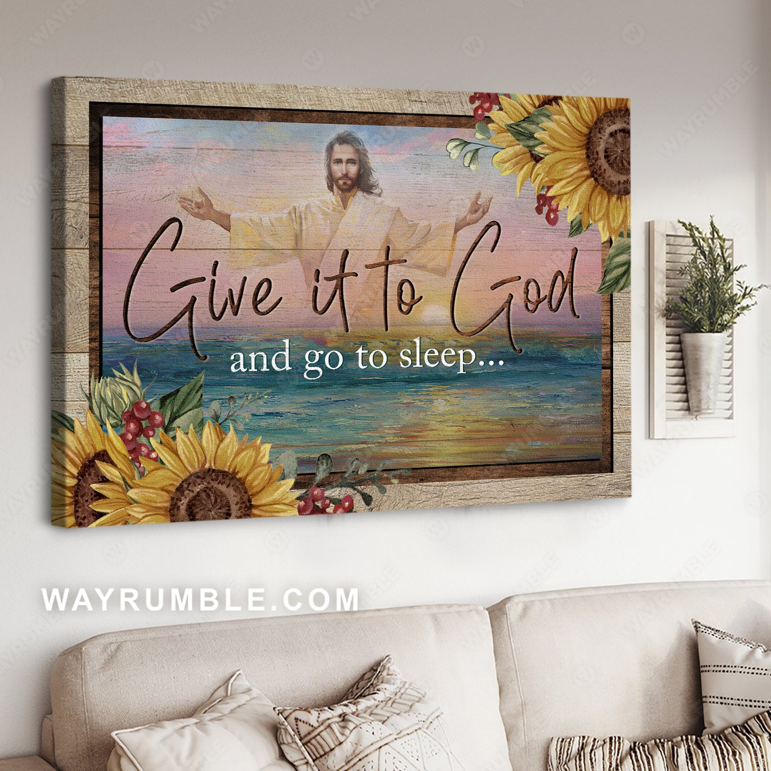 Blue ocean, Jesus painting, Watercolor sunflower, Give it to God and go to sleep - Jesus Landscape Canvas Prints, Christian Wall Art