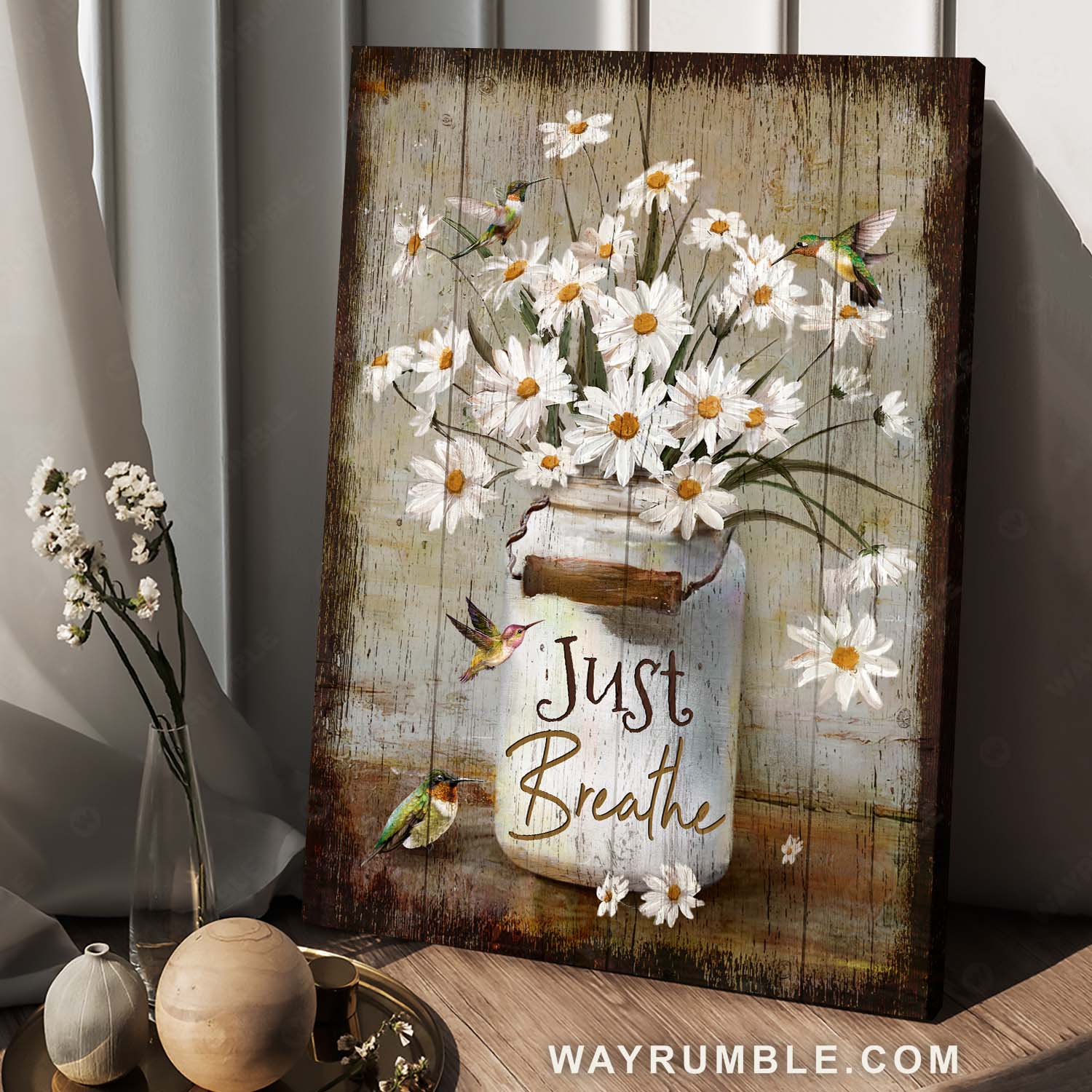 Daisy flower, Lovely hummingbird, Vintage painting, Just breathe - Jesus Portrait Canvas Prints, Home Decor Wall Art