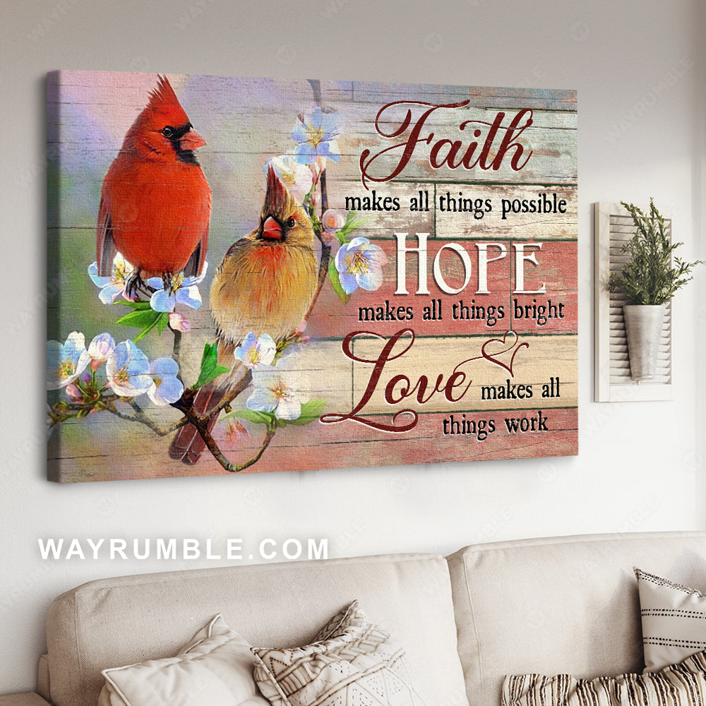 Cardinal couple, Cherry blossom, Positive quote, Faith Hope Love - Jesus Landscape Canvas Prints, Home Decor Wall Art