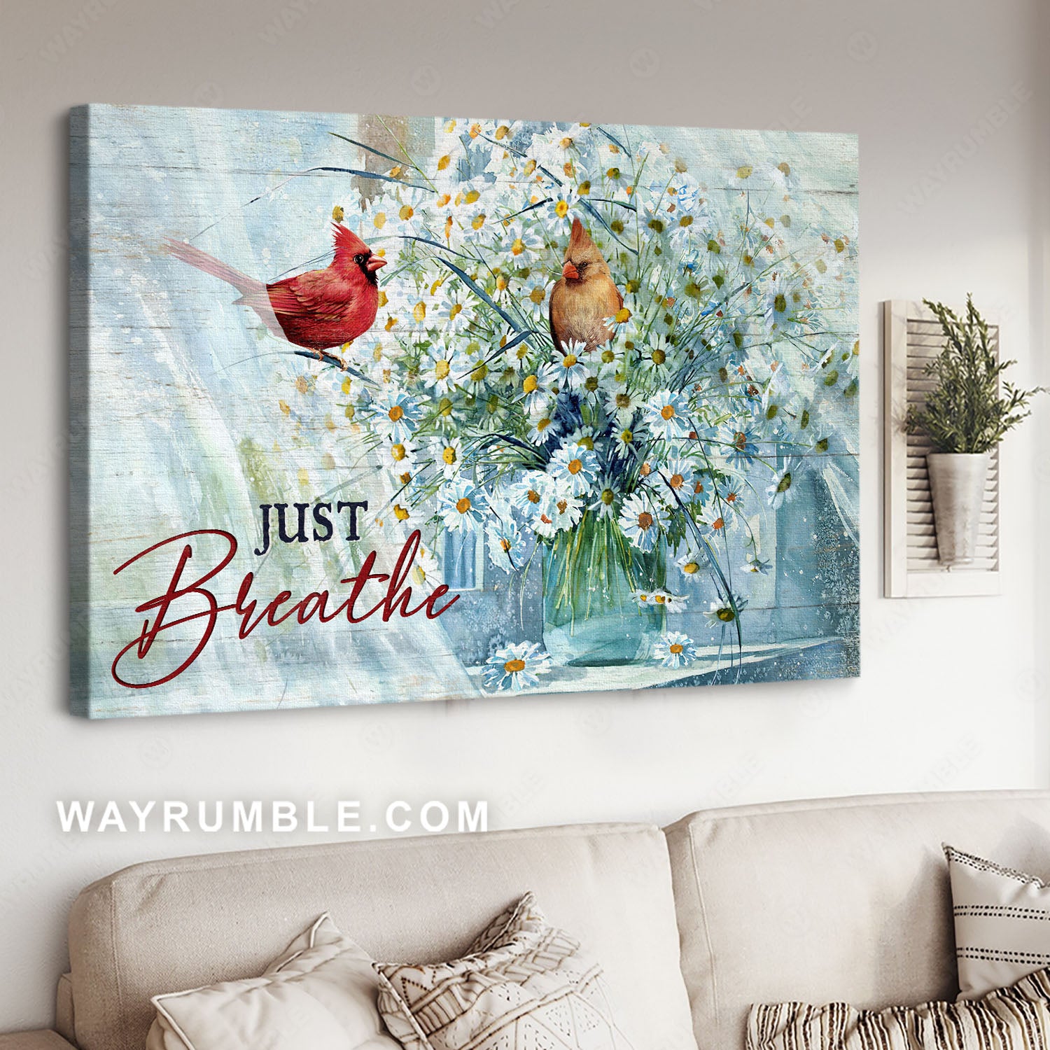 Lovely cardinal, Vibrant color painting, Beautiful daisy vase, Just breathe - Jesus Landscape Canvas Prints, Home Decor Wall Art