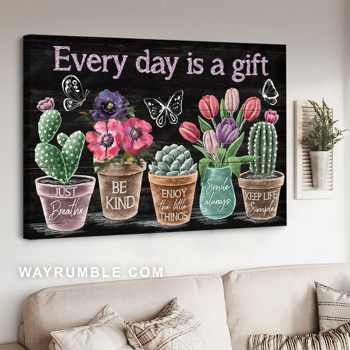 Abstract flower painting, Rustic cactus, Tulip flower, Butterfly, Every day is a gift - Jesus Landscape Canvas Prints, Home Decor Wall Art