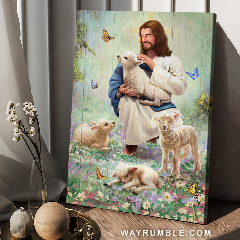 Lamb of God, Abstract Jesus painting, Watercolor butterfly, Flower garden - Jesus Portrait Canvas Prints, Christian Wall Art