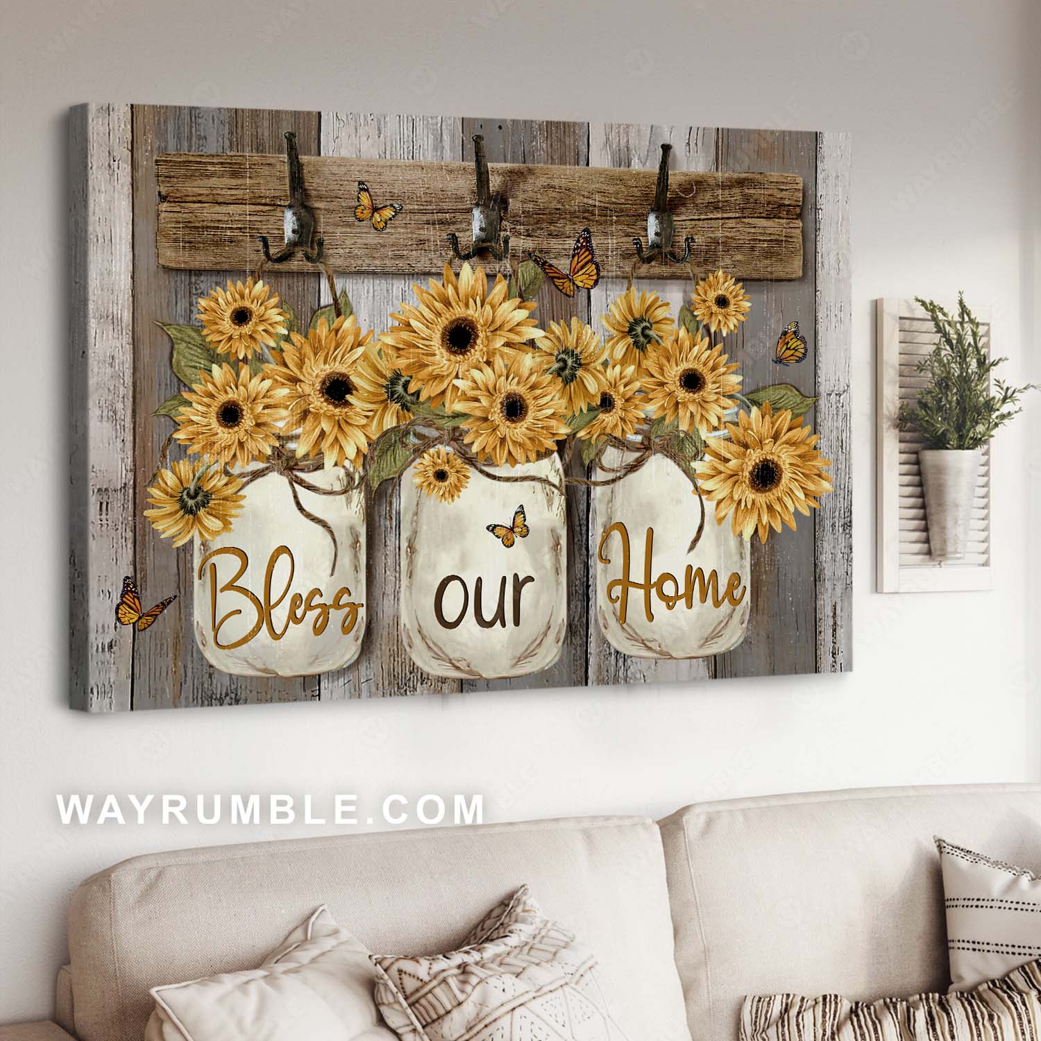 Sunflower painting, Monarch butterfly, Rustic farmhouse style, Bless our home - Jesus Landscape Canvas Prints, Home Decor Wall Art