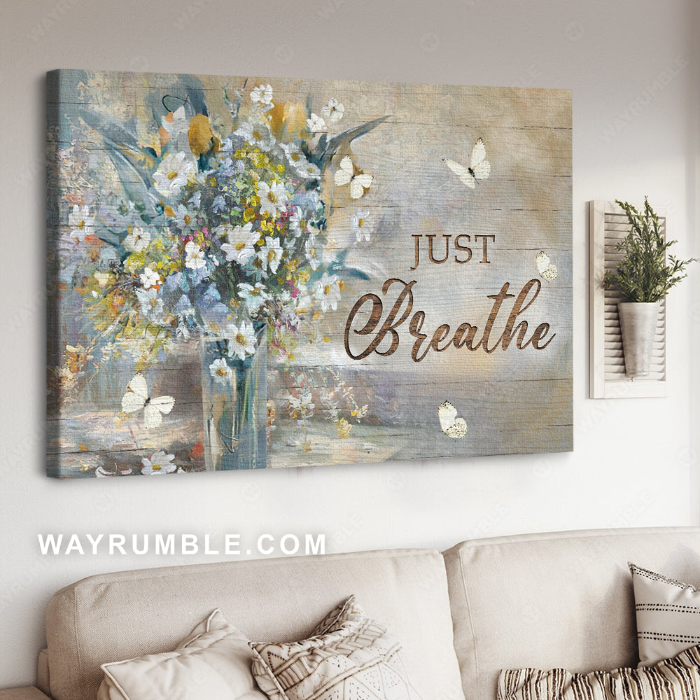 Gorgeous flower vase, White butterfly, Vintage art, Just breathe - Jesus Landscape Canvas Prints, Home Decor Wall Art