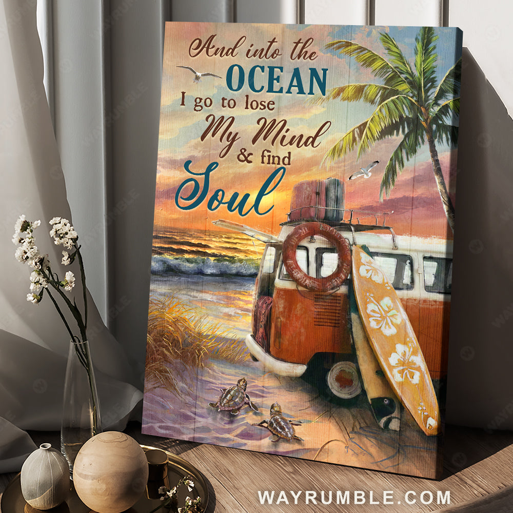 Beautiful sunset, Vintage camper van, On the beach, And into the ocean I go - Jesus Portrait Canvas Prints, Home Decor Wall Art