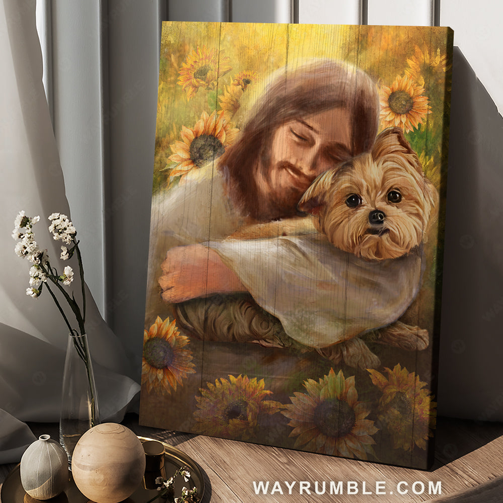 Yorkshire Terrier, Abstract Jesus painting, Inspirational art, Among sunflower field - Jesus Portrait Canvas Prints, Home Decor Wall Art
