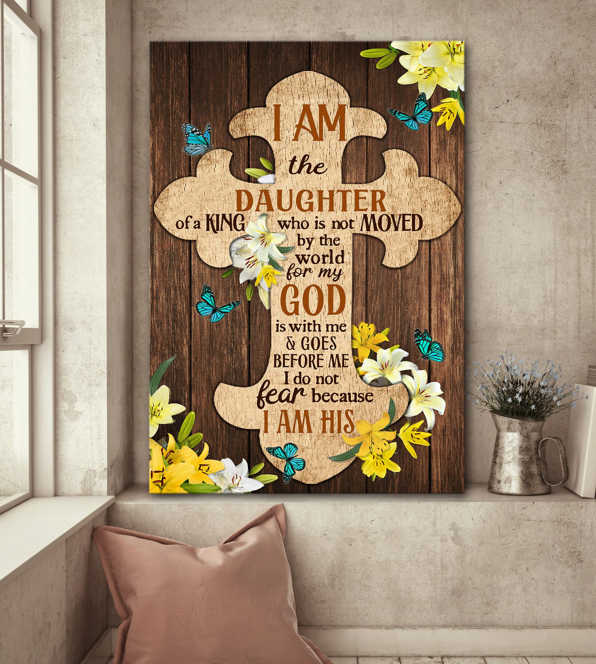 The wooden cross, Lily flower, I am the daughter of a King - Jesus Portrait Canvas Prints, Wall Art