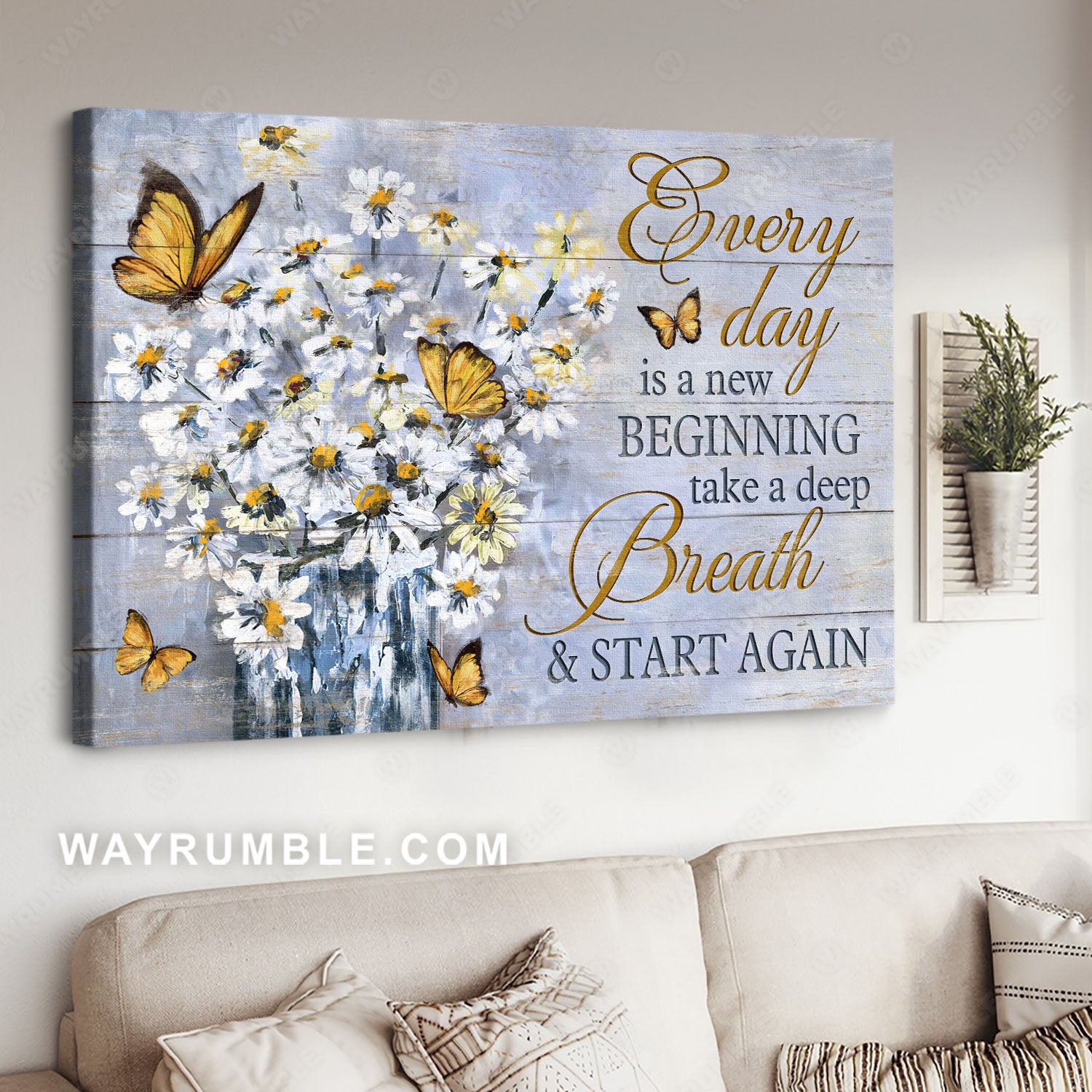 Abstract art, White daisy painting, Yellow butterfly, Every day is a new beginning - Jesus Landscape Canvas Prints, Home Decor Wall Art