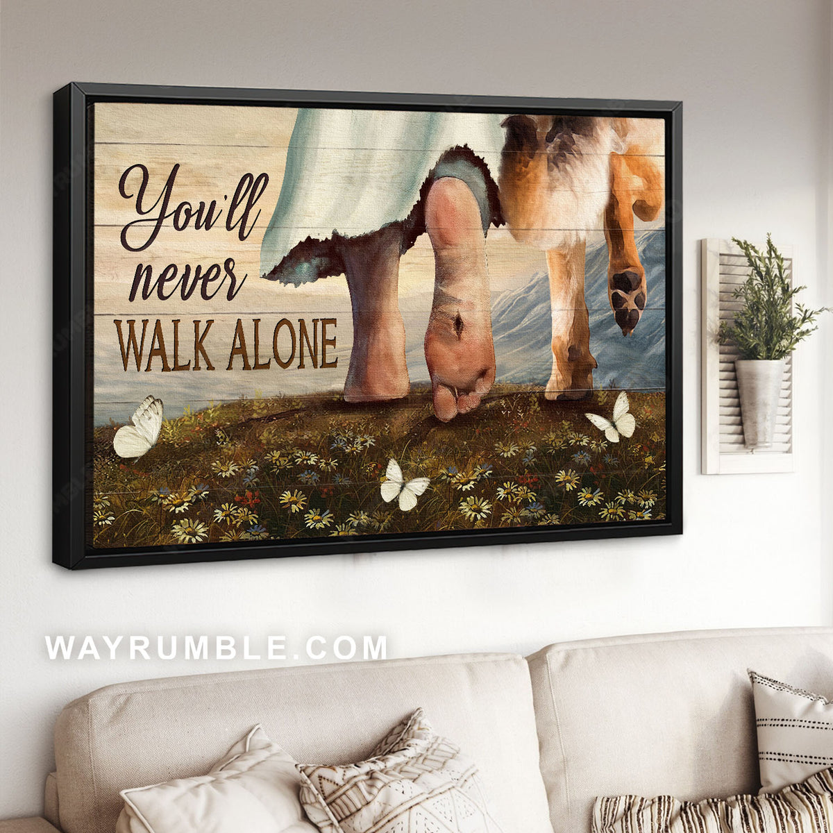 German Shepherd, Dog lover, White butterfly, Daisy field, You&#39;ll never walk alone - Jesus Landscape Canvas Prints, Christian Wall Art