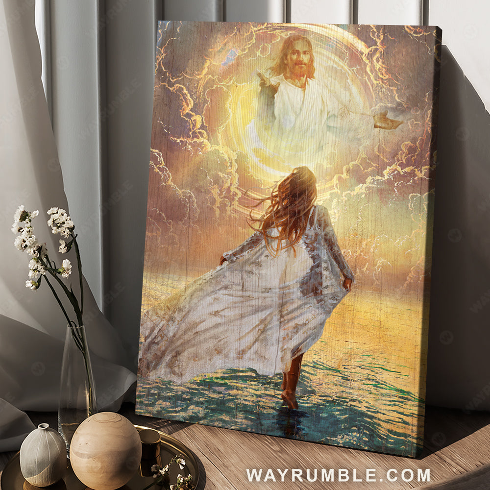 Beautiful girl, Stunning sunset, Jesus painting, Walking on water - Jesus Portrait Canvas Prints, Christian Wall Art
