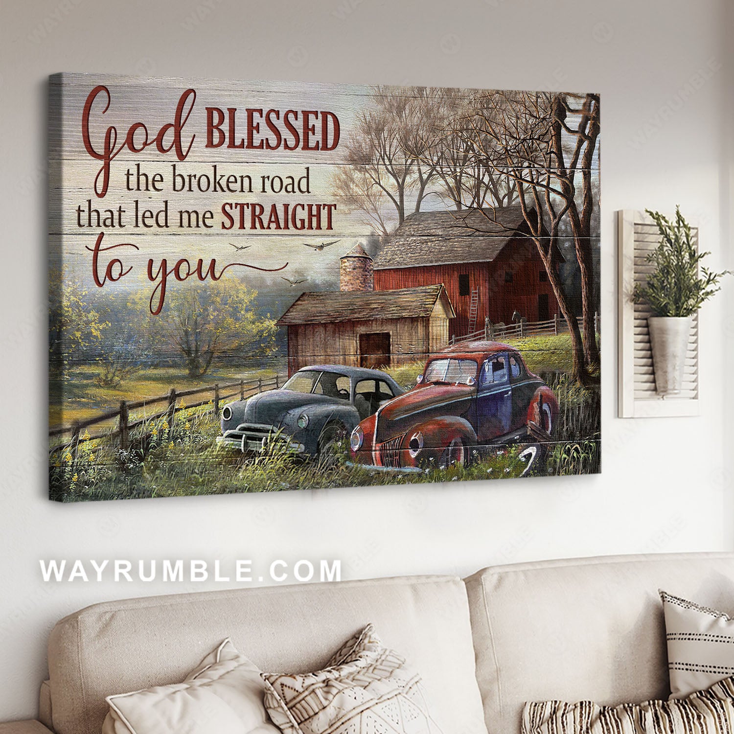 Forest painting, Old car, Rustic farmhouse, God blessed the broken road - Jesus Landscape Canvas Prints, Home Decor Wall Art