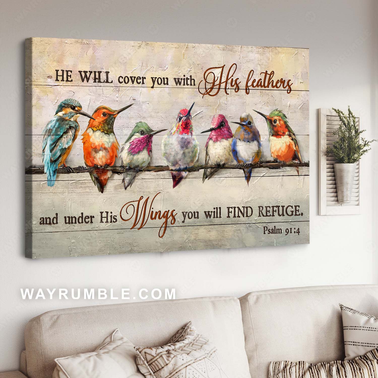 Bible verse, Watercolor hummingbird, Lovely bird, He will cover you with his feather - Jesus Landscape Canvas Prints, Home Decor Wall Art