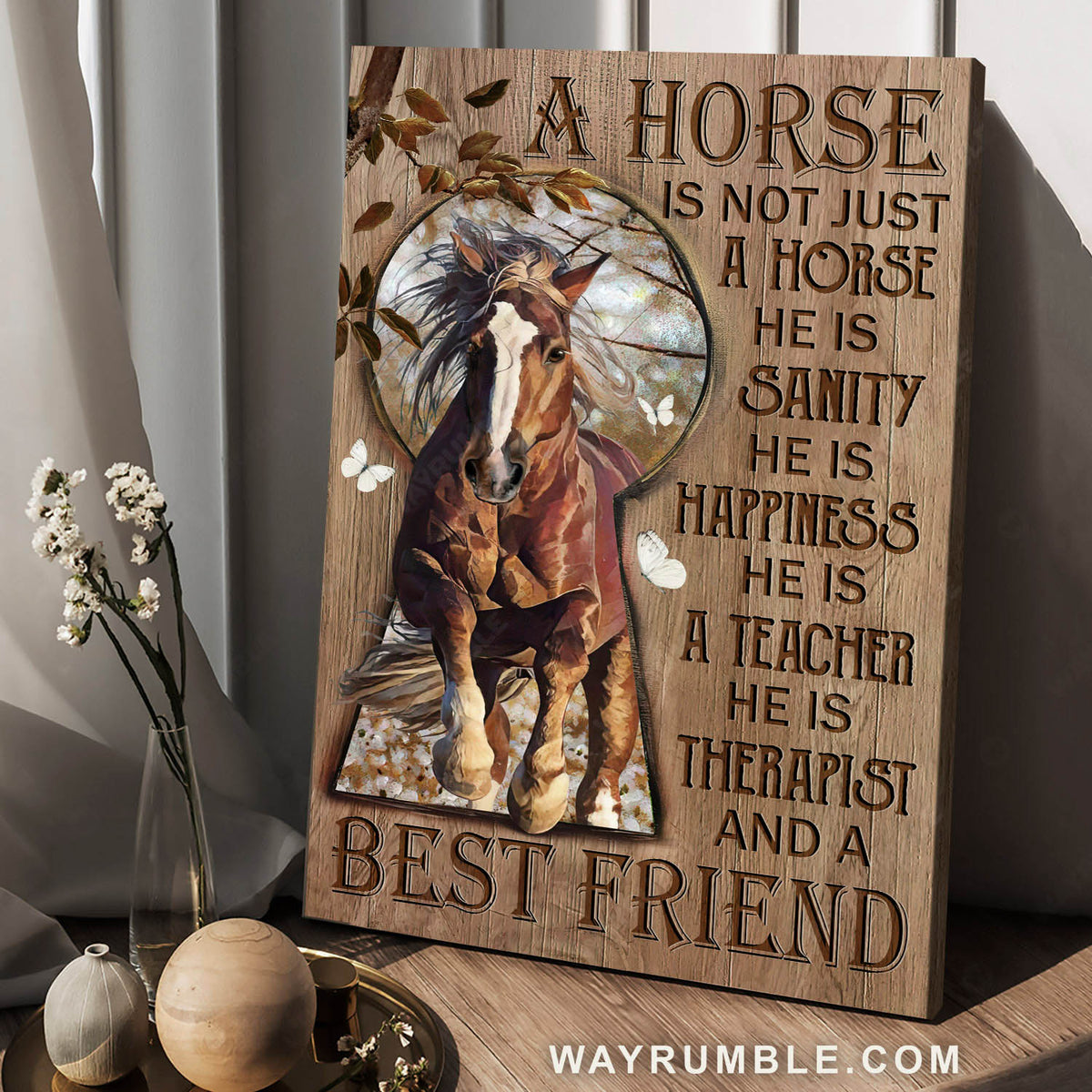 Brown horse, White butterfly, Keyhole drawing, A horse is therapist and a best friend - Jesus Portrait Canvas Prints, Home Decor Wall Art