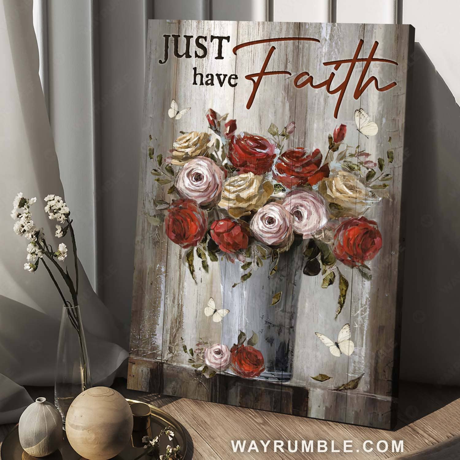 Gorgeous flower vase, Rose painting, White butterfly, Just have faith - Jesus Portrait Canvas Prints, Home Decor Wall Art