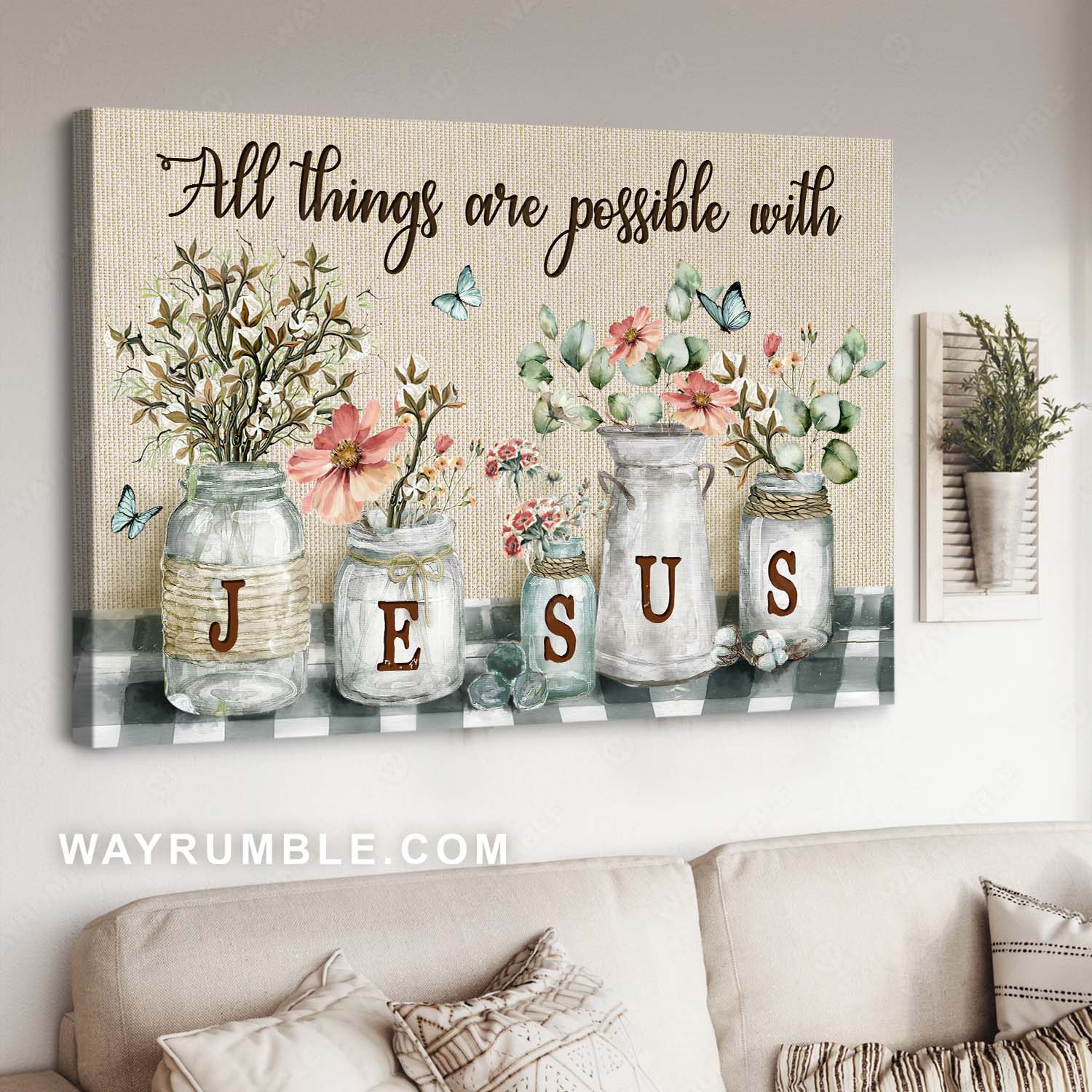 Pretty cotton flower jar, Lovely blue butterfly, All things are possible with Jesus - Jesus Landscape Canvas Prints, Christian Wall Art