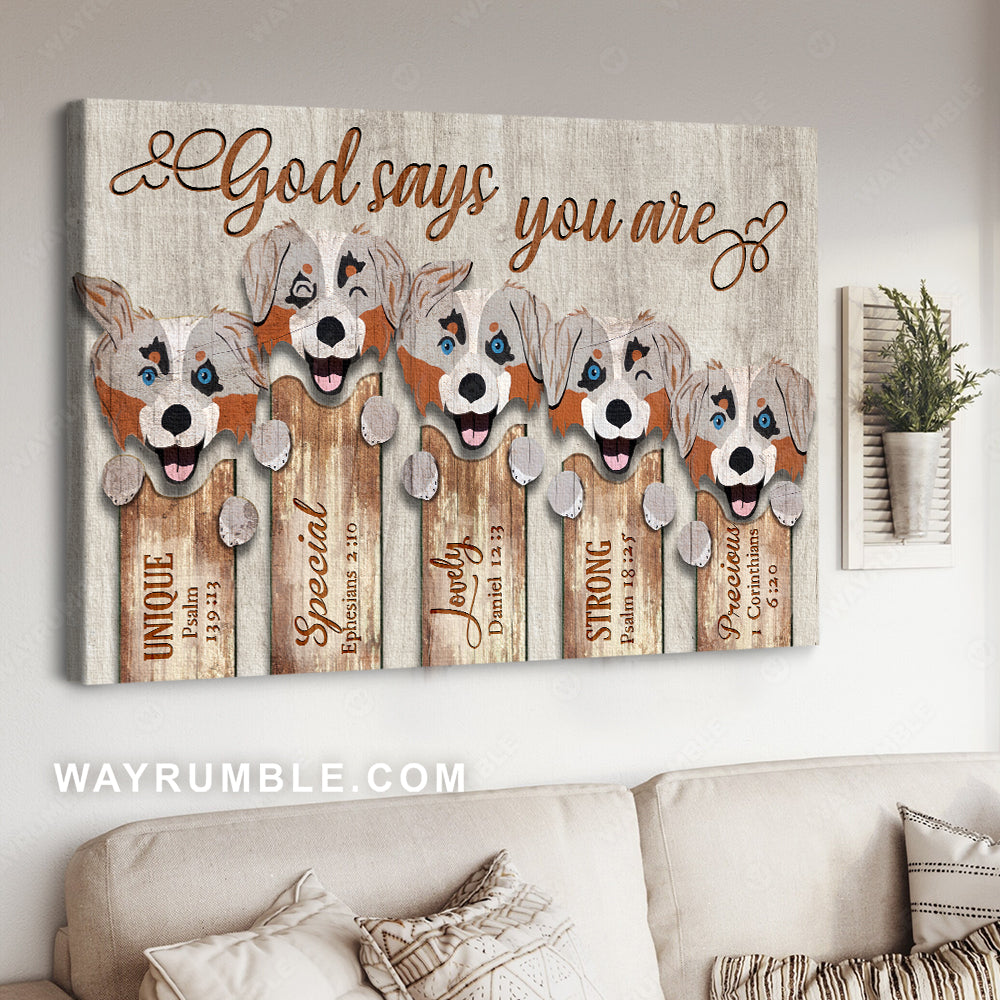 Amazing Australian Shepherd, Funny dog drawing, God says you are - Jesus Landscape Canvas Prints, Christian Wall Art