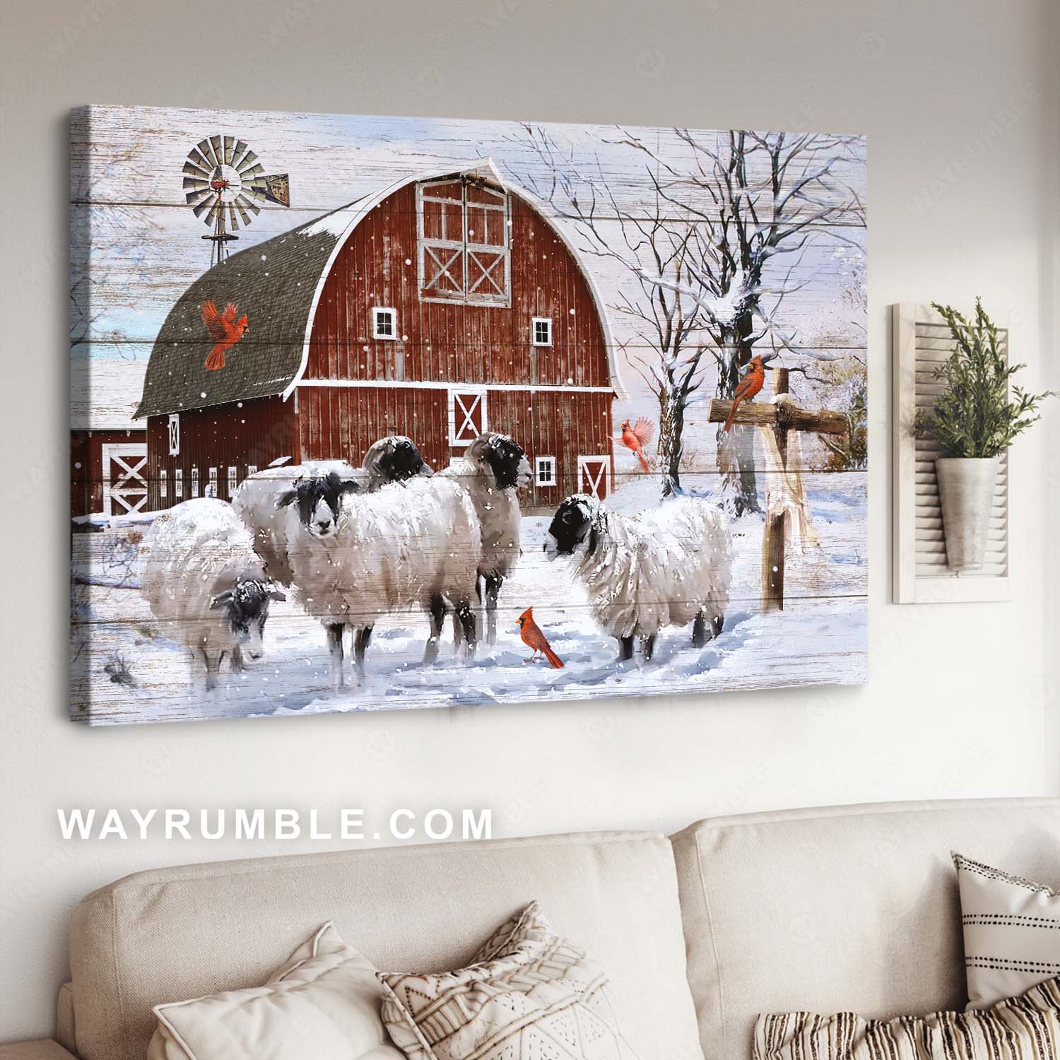 Cute sheep, Red barn house, Wooden cross, Beautiful snow on farm - Jesus Landscape Canvas Prints, Home Decor Wall Art