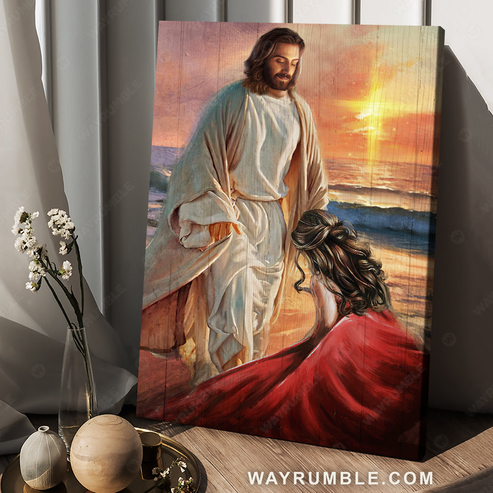 Jesus painting, On the beach, sunset, Kneeling befo