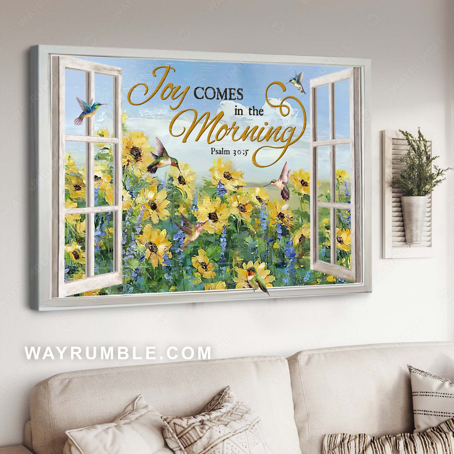 Hummingbird painting, Yellow flower, Inspirational art, Joy comes in the morning - Jesus Landscape Canvas Prints, Home Decor Wall Art