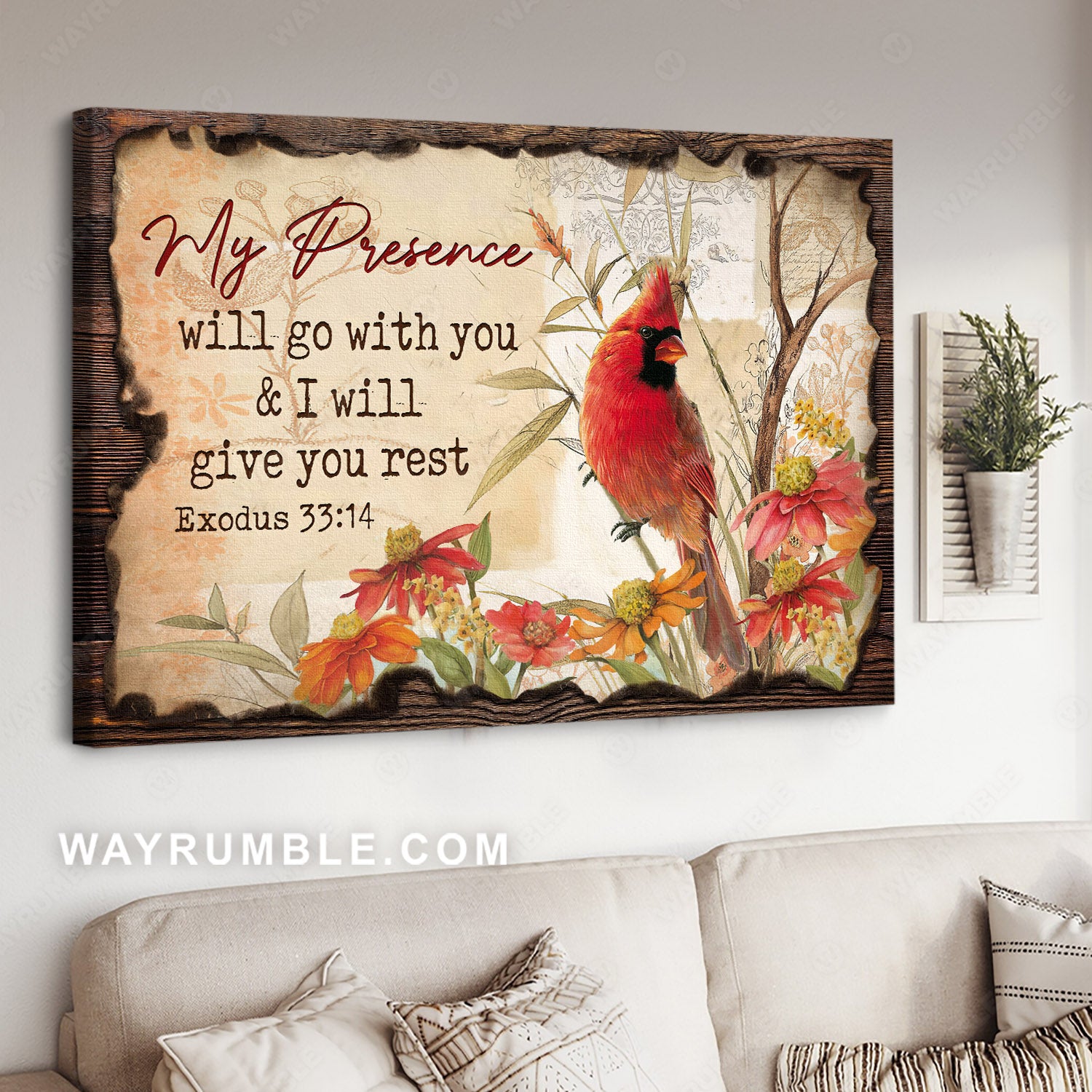 Red cardinals, Mexican sunflower, Bible verse, My presence will go with you - Jesus Landscape Canvas Prints, Home Decor Wall Art