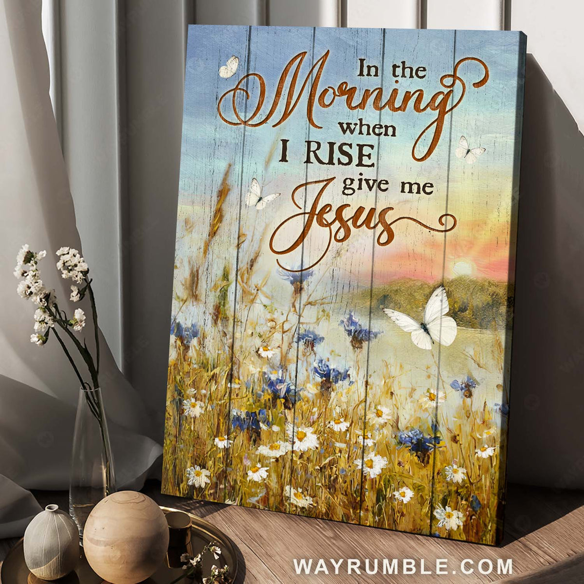 Daisy field, Stunning sunrise, White butterfly, In the morning when I rise - Jesus Portrait Canvas Prints, Home Decor Wall Art