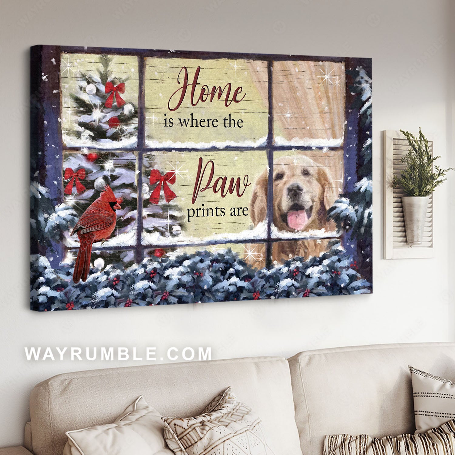 Golden Retriever, Red cardinal, Christmas tree, Home is where the paw prints are - Jesus Landscape Canvas Prints, Home Decor Wall Art