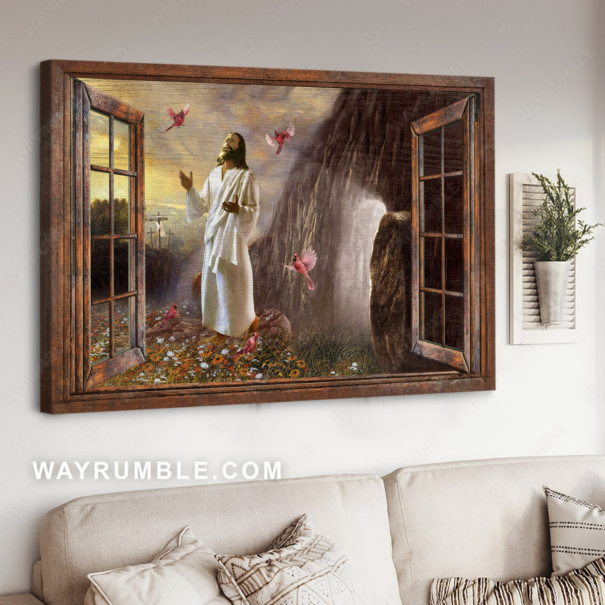 Flower field, Jesus painting, Three crosses, Red cardinal, Mystic cave - Jesus Landscape Canvas Prints, Christian Wall Art