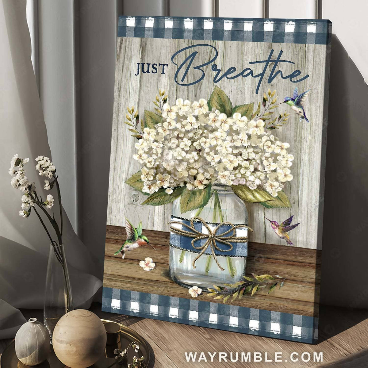 White flower vase, Hummingbird painting, Inspirational quote, Just breathe - Jesus Portrait Canvas Prints, Home Decor Wall Art