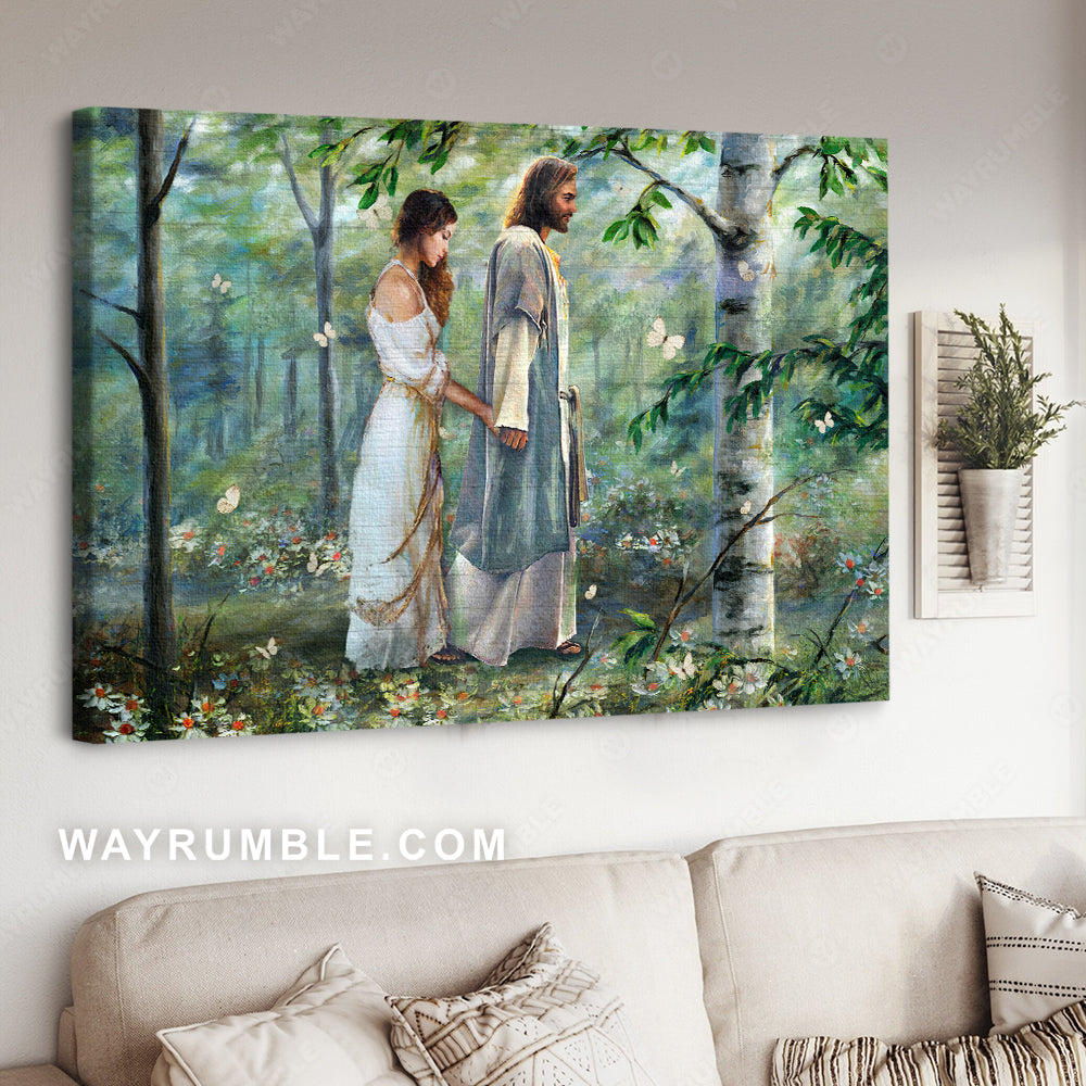 Daisy field, Green forest, Jesus painting, Beautiful woman, Walking with Jesus - Jesus Landscape Canvas Prints, Christian Wall Art