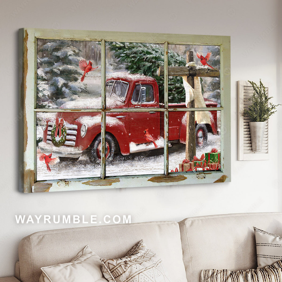 Cardinal drawing, Red truck, Wooden cross, Christmas decoration - Jesus Landscape Canvas Prints, Home Decor Wall Art