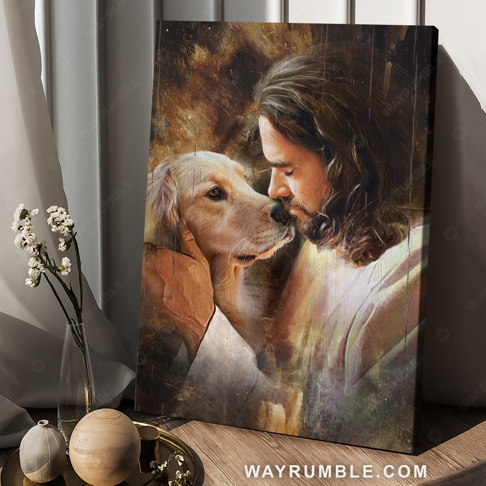 Golden Retriever, Dog drawing, Jesus painting, In God arms - Jesus Portrait Canvas Prints, Christian Wall Art