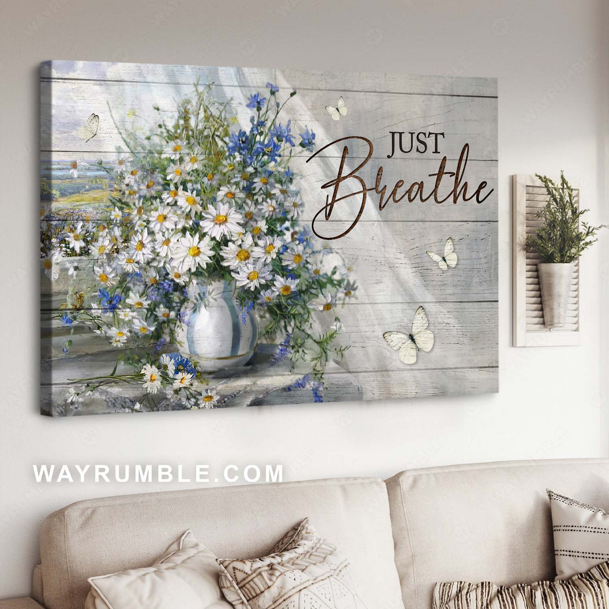 Daisy flower, White butterfly, Stunning flower vase, Just breathe - Jesus Landscape Canvas Prints, Home Decor Wall Art