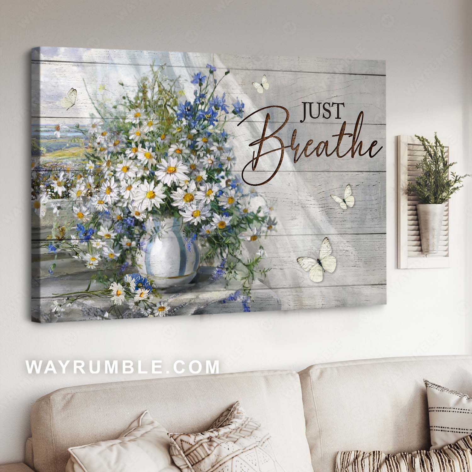 Daisy flower, White butterfly, Stunning flower vase, Just breathe - Jesus Landscape Canvas Prints, Home Decor Wall Art