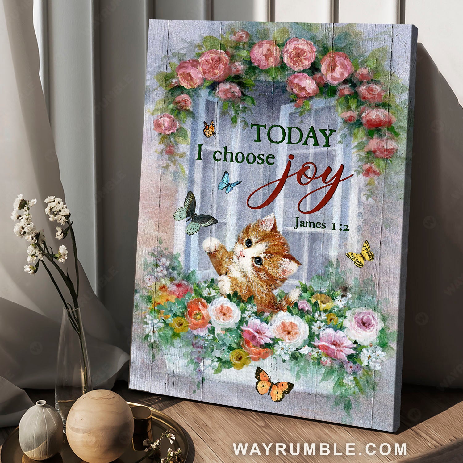 Vintage window flower box, Colorful butterflies, Cute kitten, Today I choose joy - Jesus Portrait Canvas Prints, Christian Wall Art