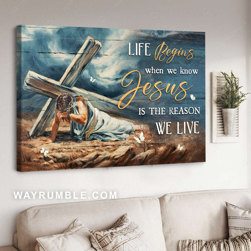 Jesus painting, Wooden cross, White butterfly, Jesus is the reason we live - Jesus Landscape Canvas Prints, Christian Wall Art