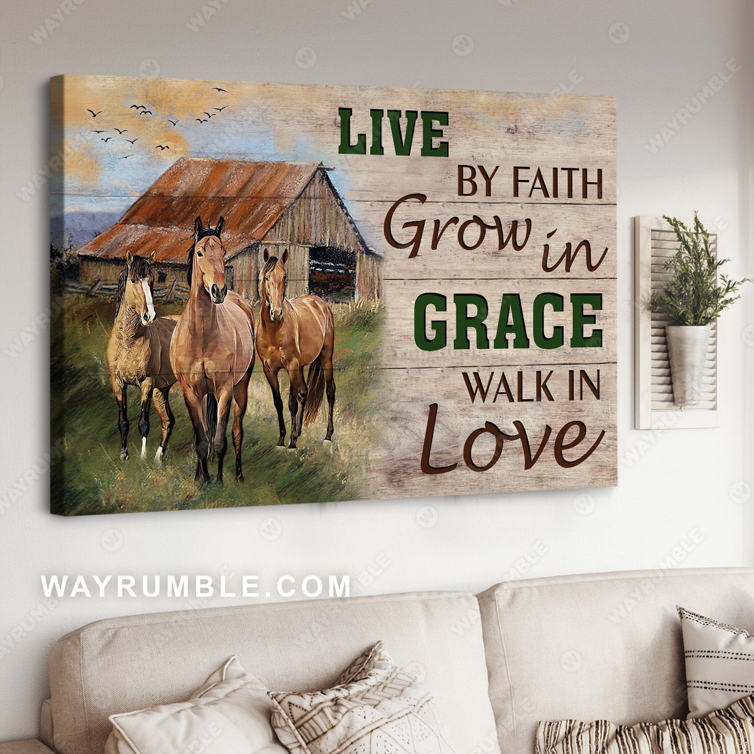 Awesome horses, Peaceful meadow, Farm animal, Live by faith, walk in love - Jesus Landscape Canvas Prints, Christian Wall Art