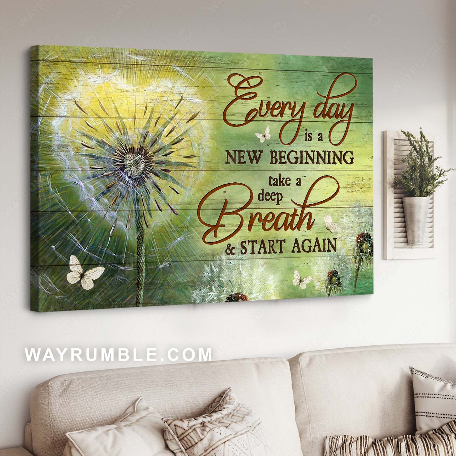 Dandelion drawing, White butterfly, Vintage painting, Every day is a new beginning - Jesus Landscape Canvas Prints, Home Decor Wall Art