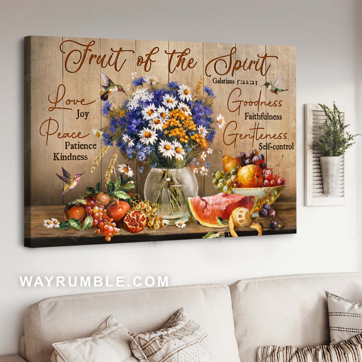Gorgeous flower vase, Fresh fruit, Hummingbird painting, Fruit of the spirit - Jesus Landscape Canvas Prints, Home Decor Wall Art