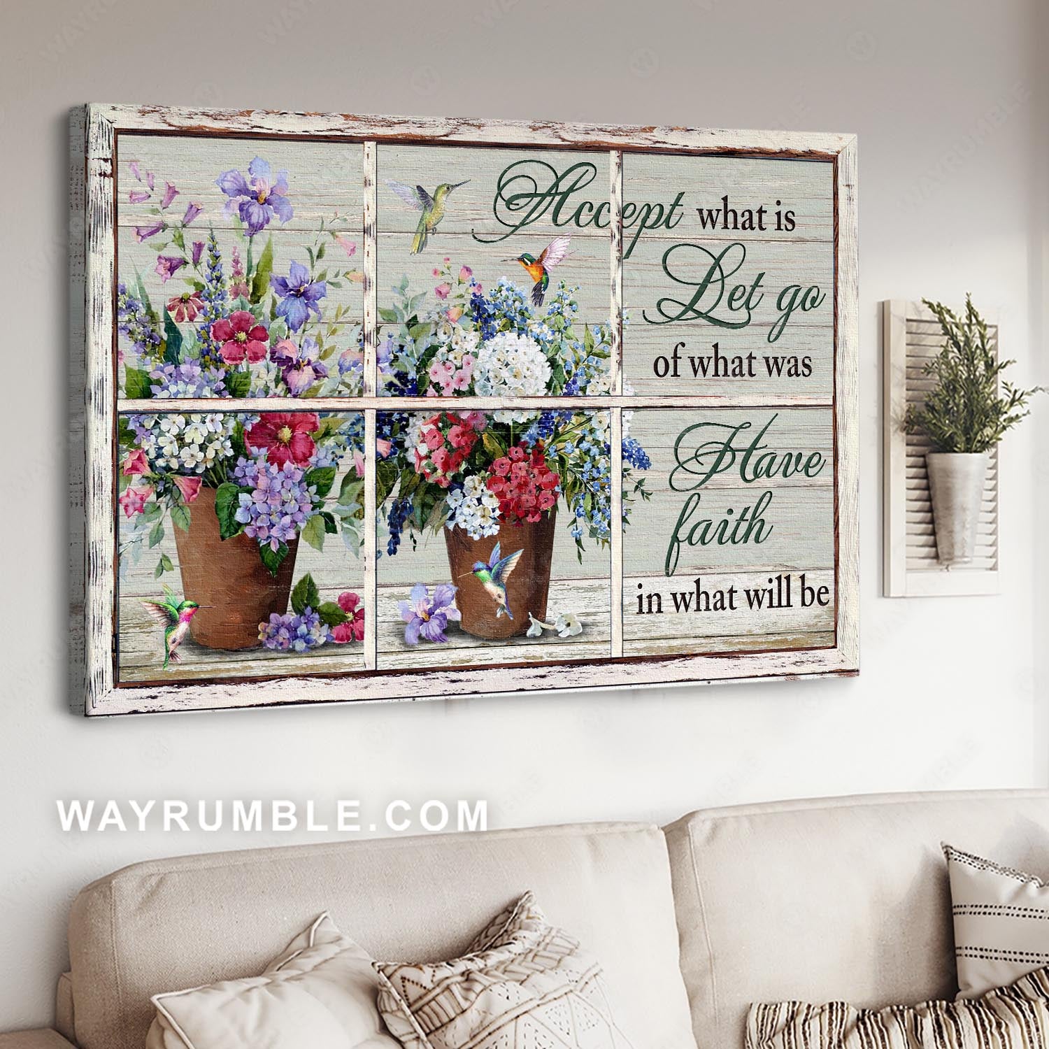 Colorful flower vase, Hummingbird drawing, Window frame, Have faith in what will be - Jesus Landscape Canvas Prints, Home Decor Wall Art