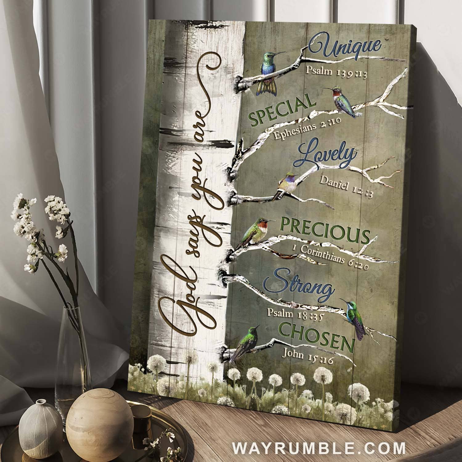 Birch tree, Watercolor hummingbirds, Dandelion, Bible verse, God says you are - Jesus Portrait Canvas Prints, Home Decor Wall Art