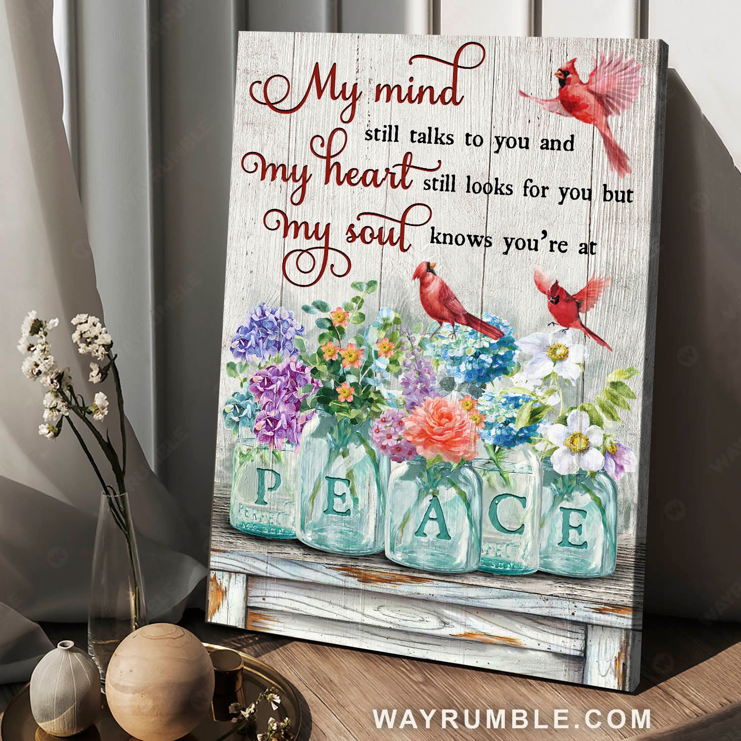 Red cardinal painting, Charming flower vase, My soul knows you are at peace - Heaven Portrait Canvas Prints, Wall Art