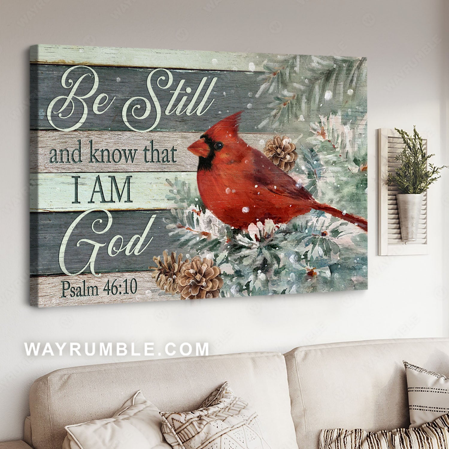 Cute red cardinal, Pine tree, Snowfall drawing, Be still and know that I am God - Jesus Landscape Canvas Prints, Home Decor Wall Art