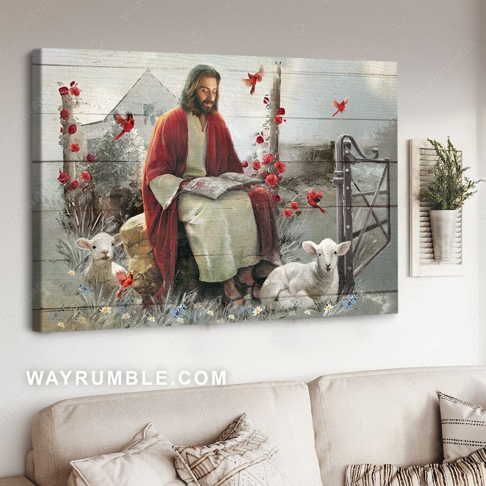 Abstract Jesus painting, Lamb of God, Red cardinal, Rustic garden - Jesus Landscape Canvas Prints, Christian Wall Art