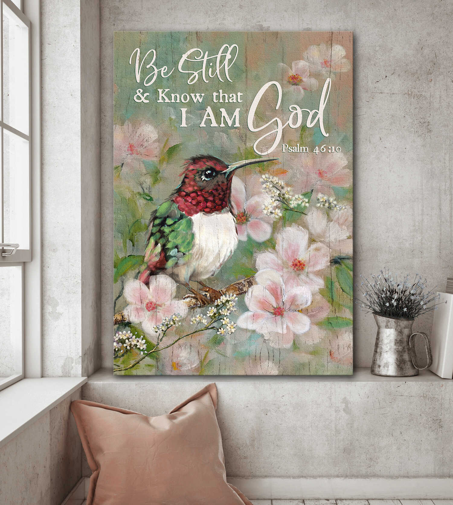 Hummingbird, Peach Blossom, Be still and know that I am God - Jesus Portrait Canvas Prints, Wall Art