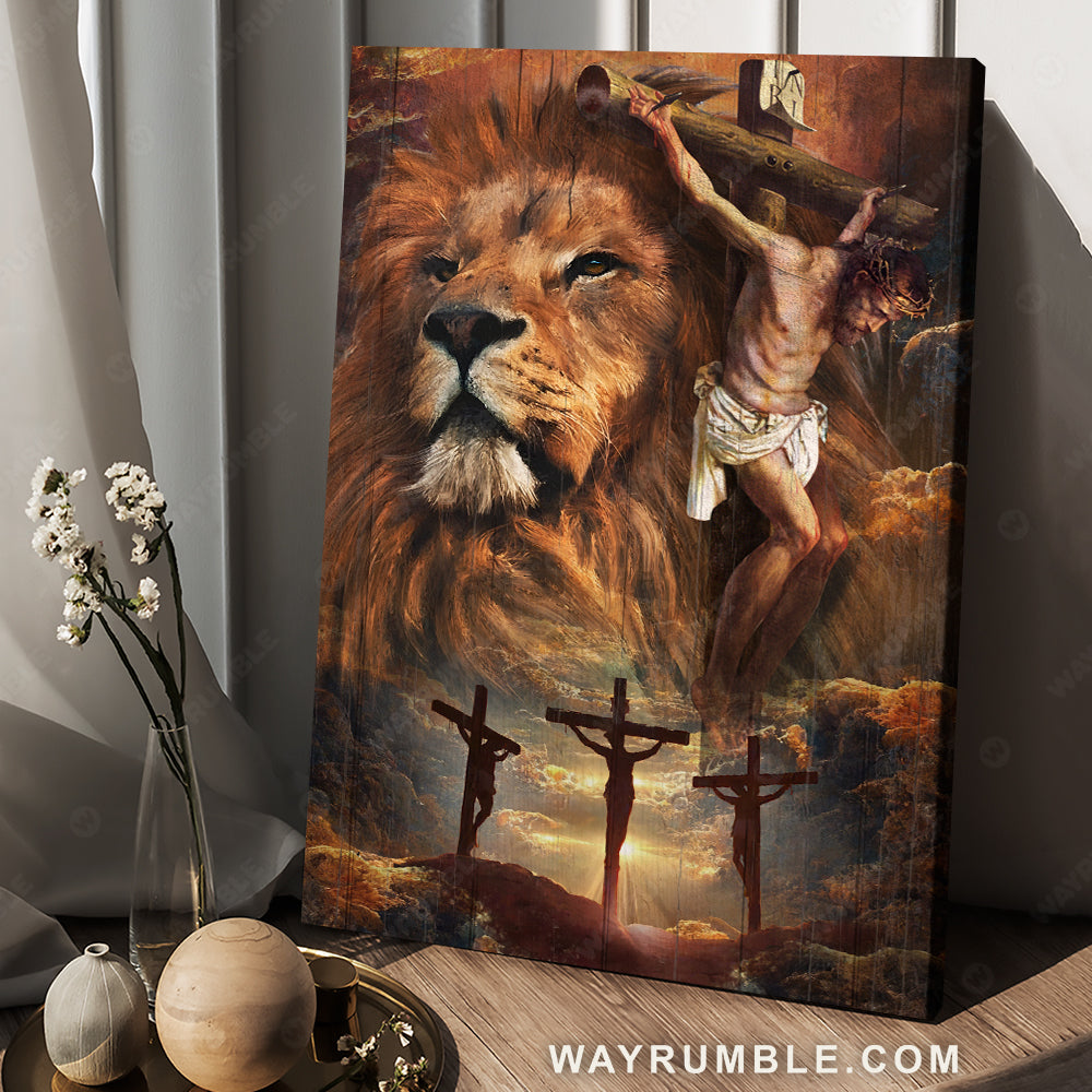 Crucifixion of Jesus, Lion of Judah, Three crosses on hill, Religious art- Jesus Portrait Canvas Prints, Christian Wall Art