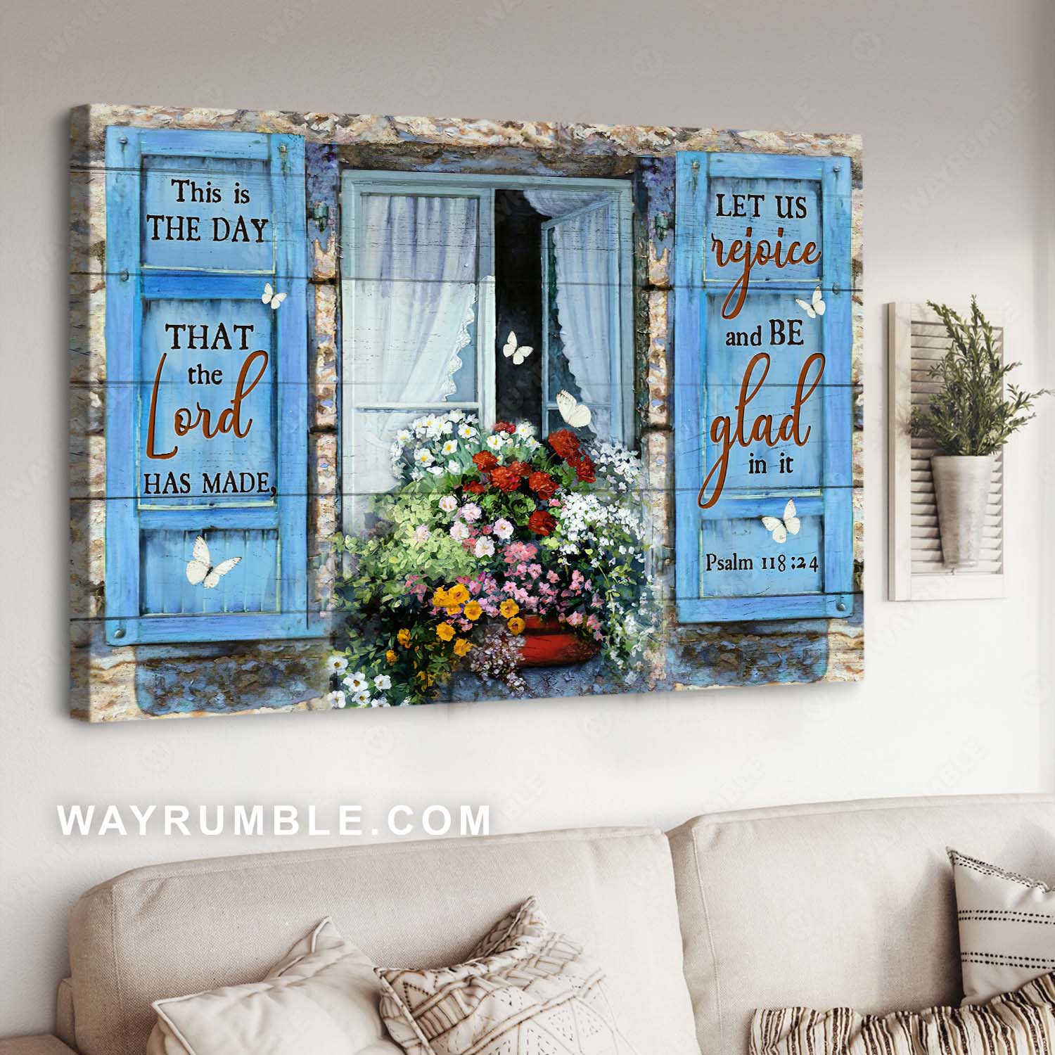 Blue windows, Lovely flowers, White butterfly, The day that the Lord has made - Jesus Landscape Canvas Prints, Home Decor Wall Art