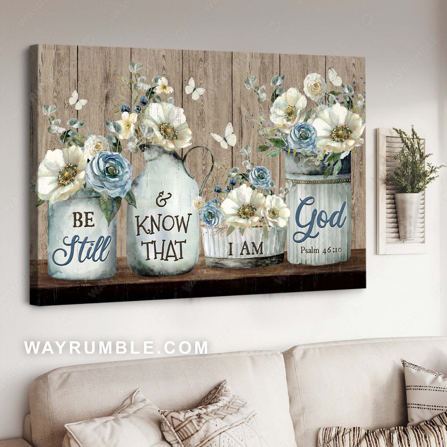 Flower painting, White butterfly, Vintage art, Be still & know that I am God - Jesus Landscape Canvas Prints, Home Decor Wall Art