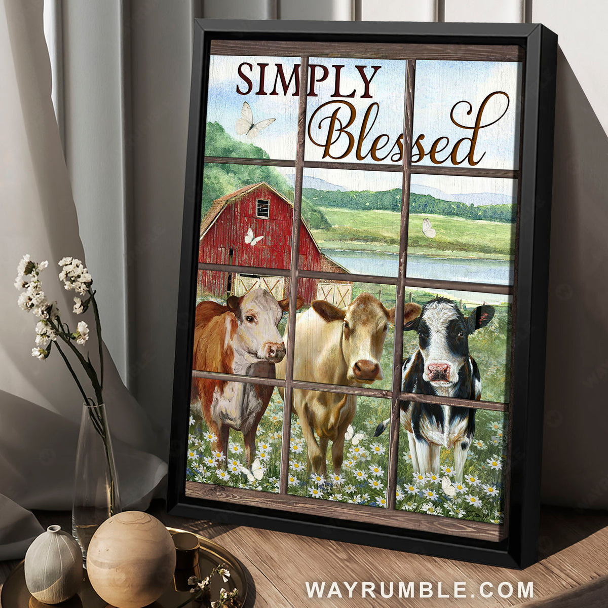 Cow painting, Daisy field, Rustic farmhouse, Window frame, Simply blessed - Jesus Portrait Canvas Prints, Home Decor Wall Art