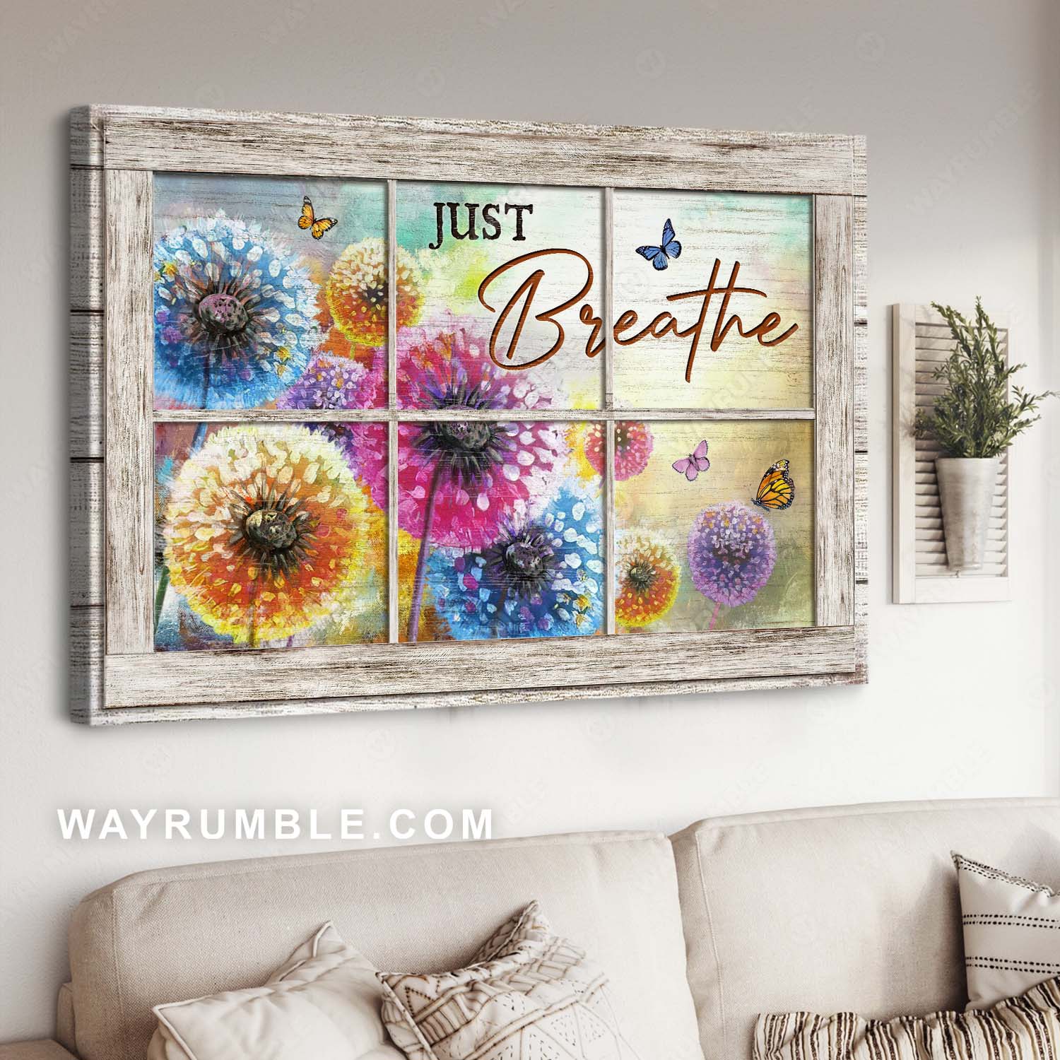 Watercolor dandelion, Monarch butterfly, Vintage window, Just breathe - Jesus Landscape Canvas Prints, Home Decor Wall Art
